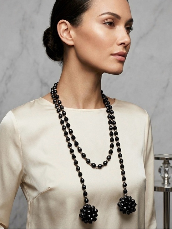 Handmade Jewelry - Vintage 1980s Black Onyx Stone Beaded Layer Necklace Wrap